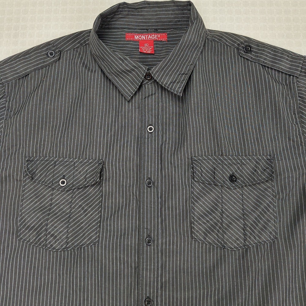 Montage Mens XL Short Sleeve Button Up Shirt Black Pinstripe Epaulets Military